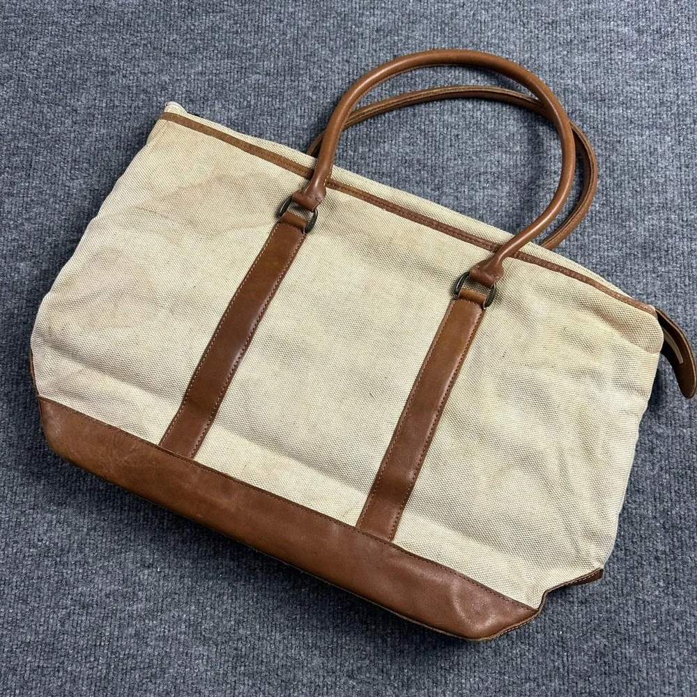 LL Bean Beige 23in Canvas Mens Tote Bag Leather Trim Travel Weekend Work